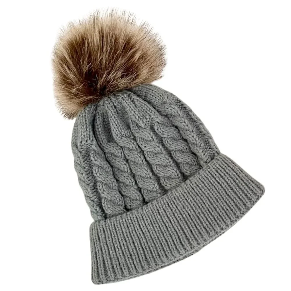 Kids Knit Hat Child Size Gray Cable Knit Faux Fur Pom Beanie Winter Cap